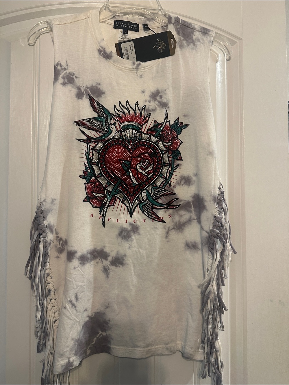 Affliction White Tie-Dye Fringe Heart & Rose Graphic Tank